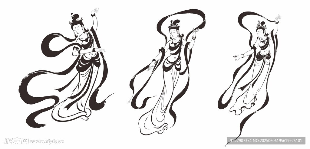 敦煌飞天仙女 黑白图