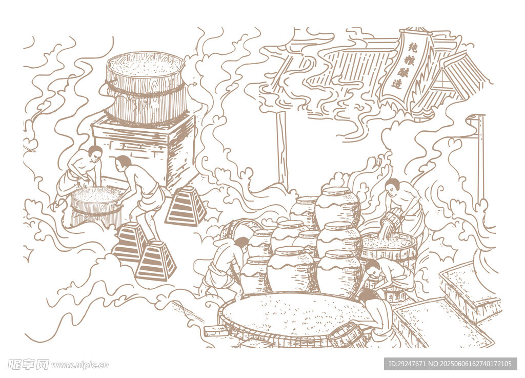 传统酿酒场景线描图