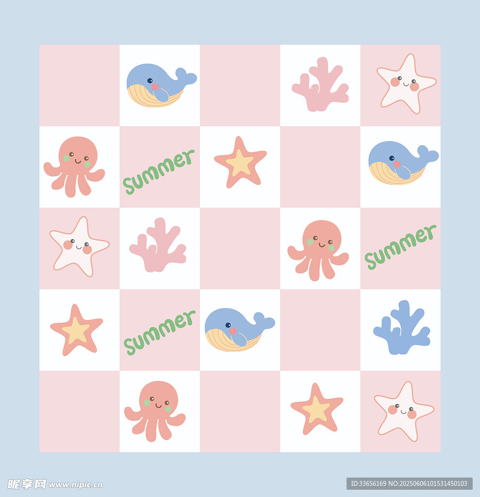 海洋元素粉色方格图案