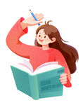 女孩读书时用剪刀剪发