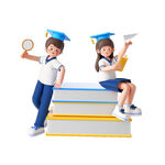 学童戴学士帽与书籍相伴