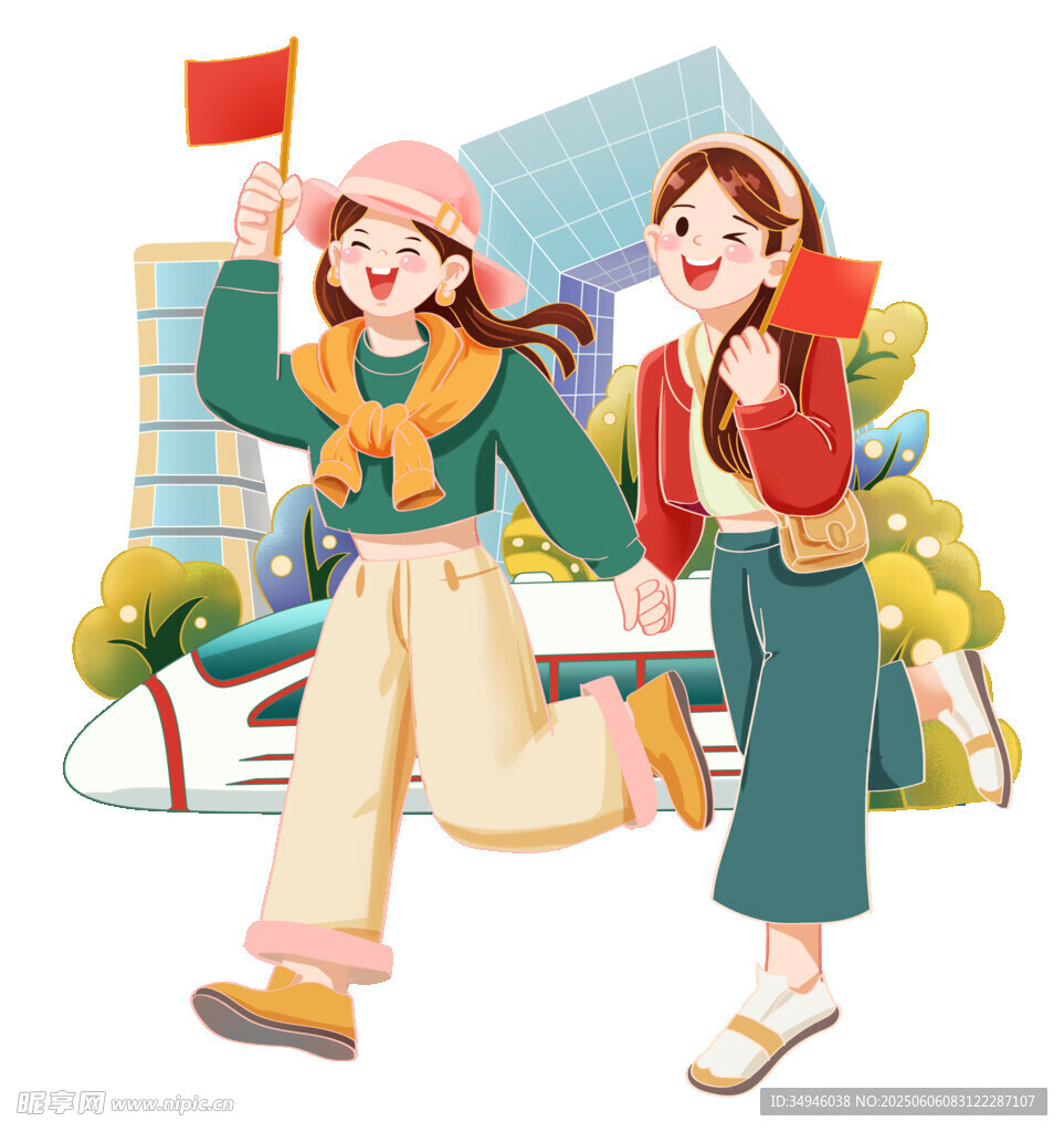 青春女孩街头欢乐出行