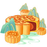 中秋月饼与山水插画