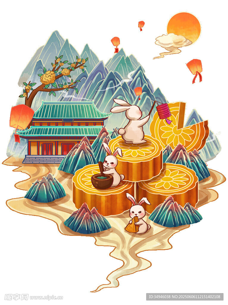 玉兔赏景古风插画