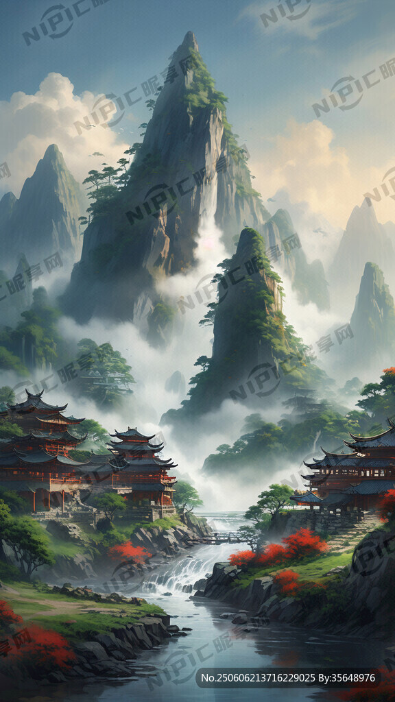 农村中堂山水流水高山鸿运当头