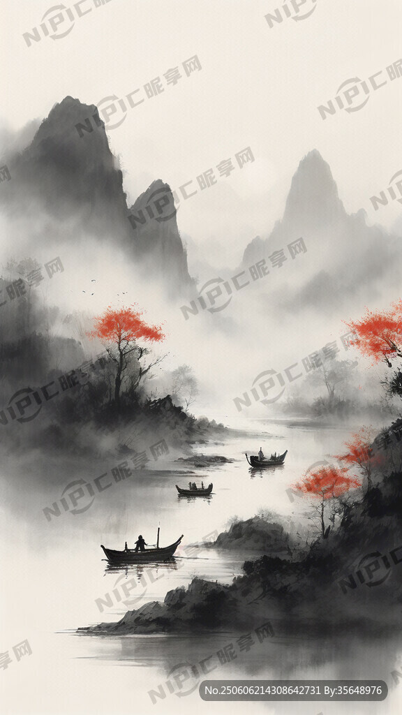 写意山水画 国画 水墨 河流