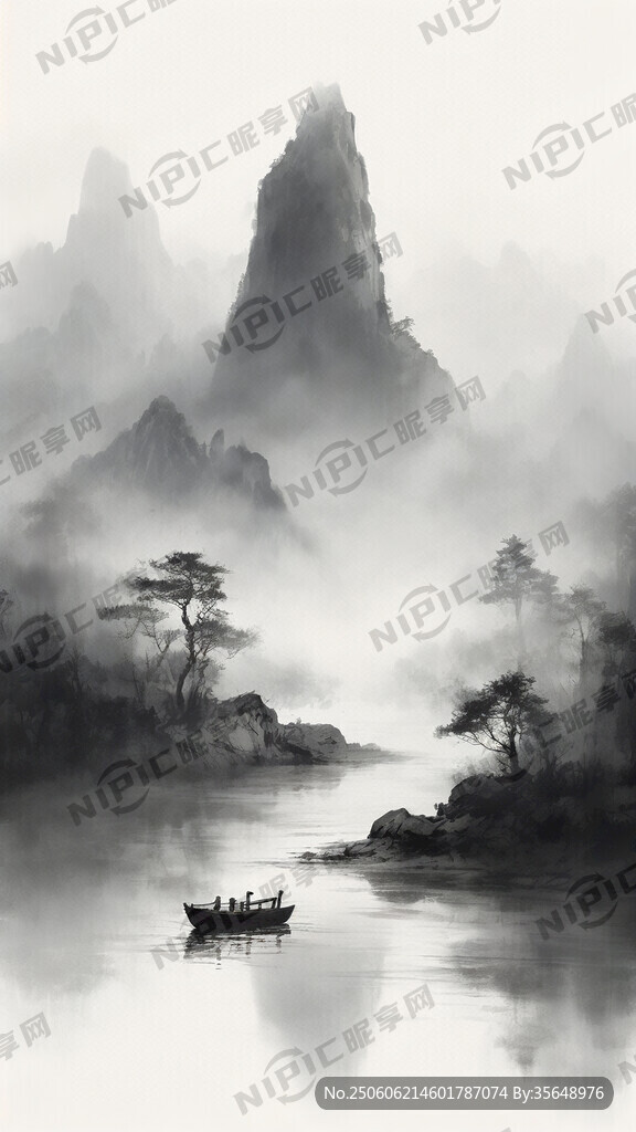 写意山水画 国画 水墨 河流