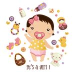 可爱女婴与多样婴儿用品