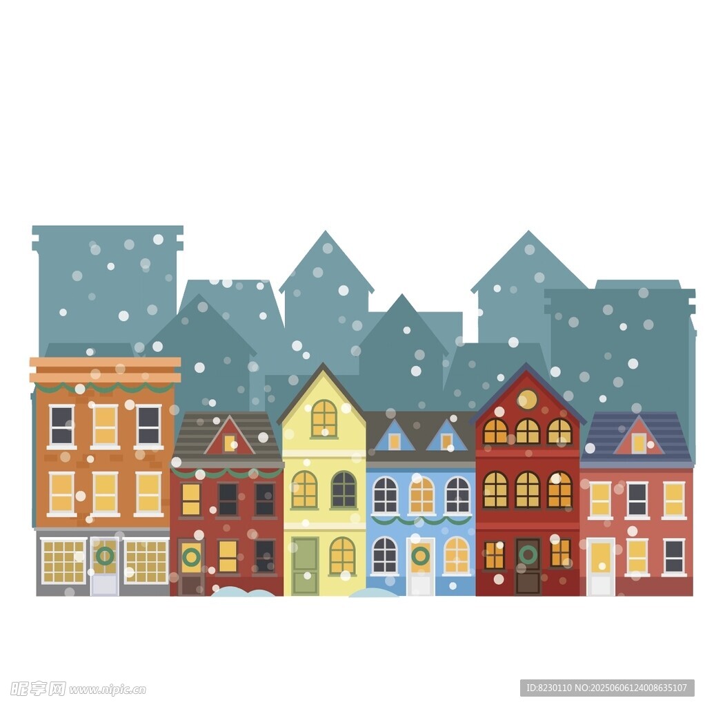 多彩小镇雪景插画