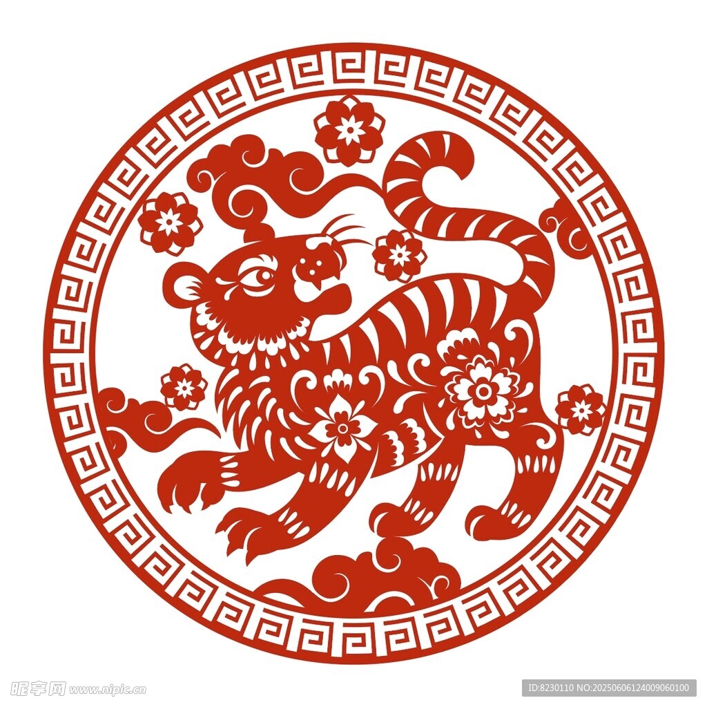 圆形剪纸风瑞虎吉祥图案