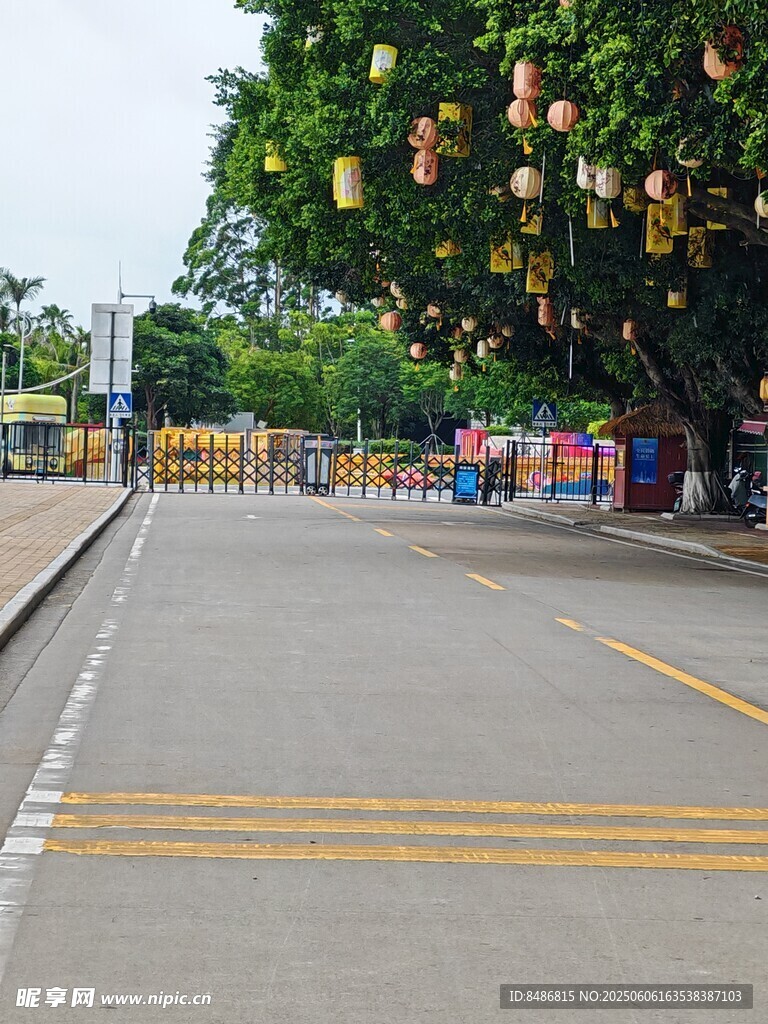 街道旁挂饰装点的宁静道路