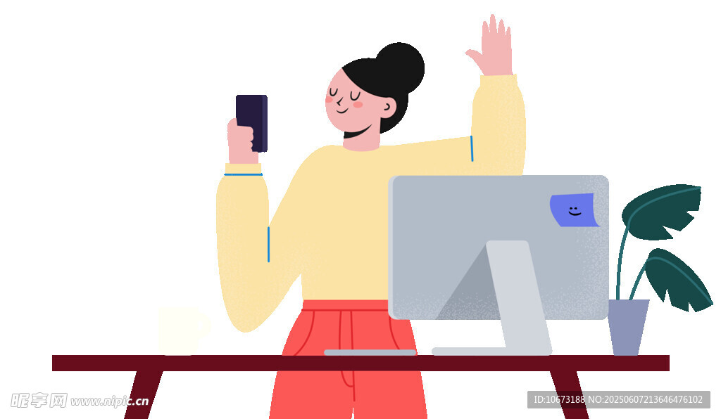 女子桌边用手机电脑欢呼