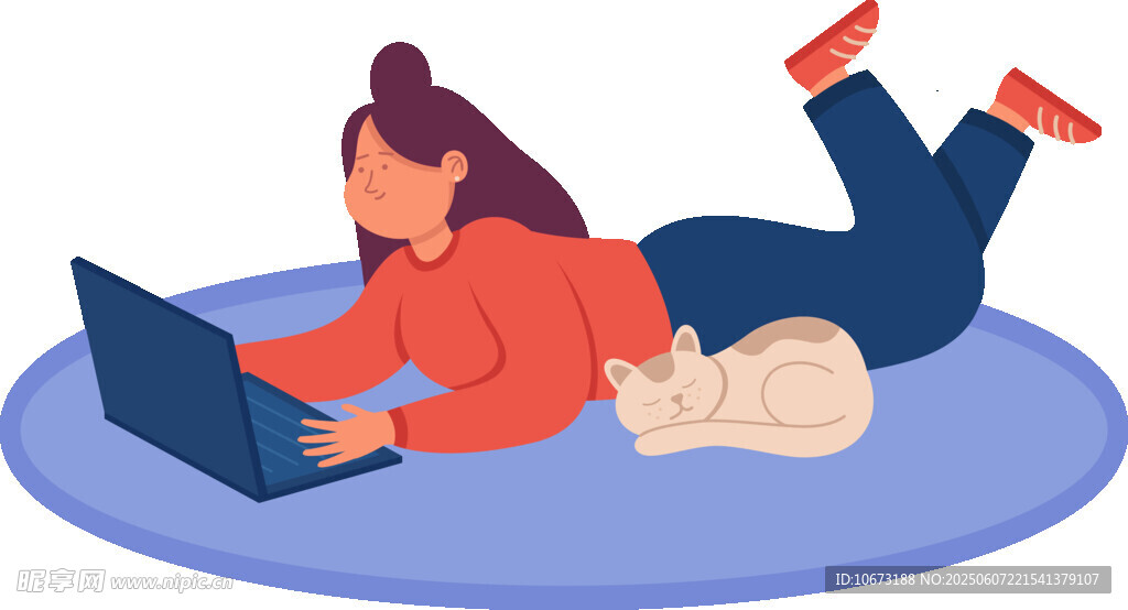 女子躺卧伴猫用笔记本