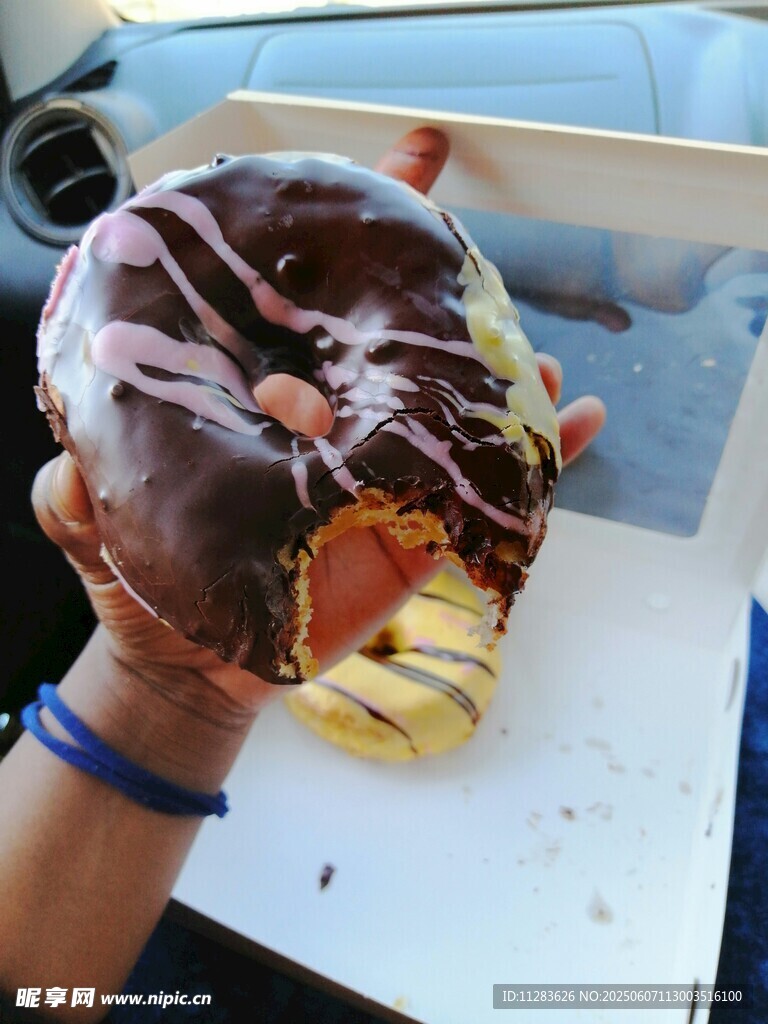 手持美味巧克力淋面甜甜圈