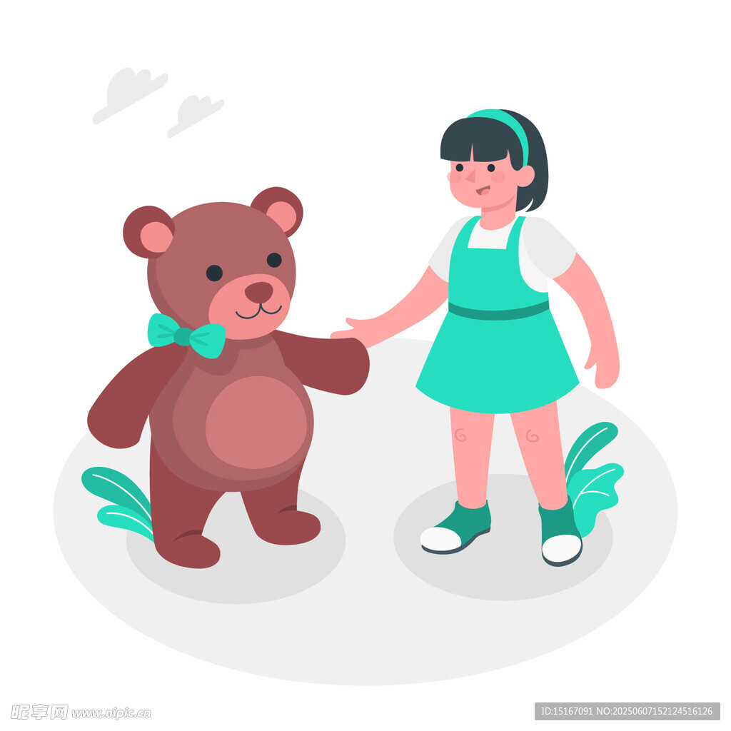 女孩与小熊牵手的温馨画面