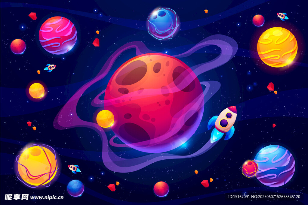 宇宙星球宇宙飞船卡通插画