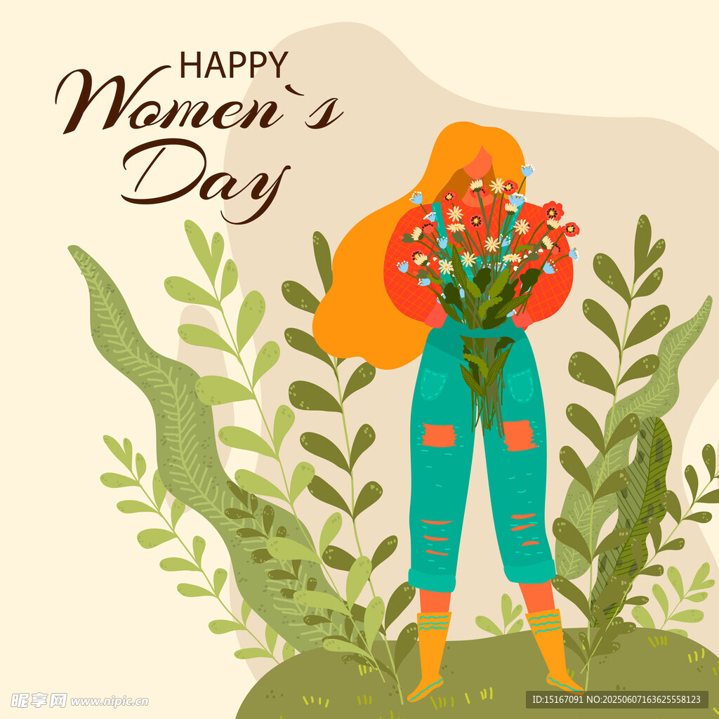妇女节快乐女孩捧花插画