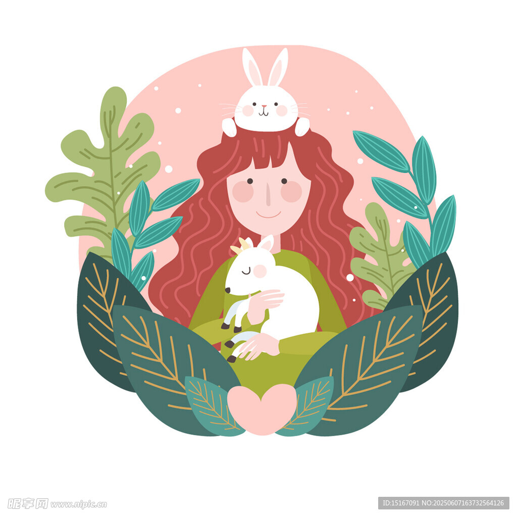 怀抱白兔的红发女孩插画