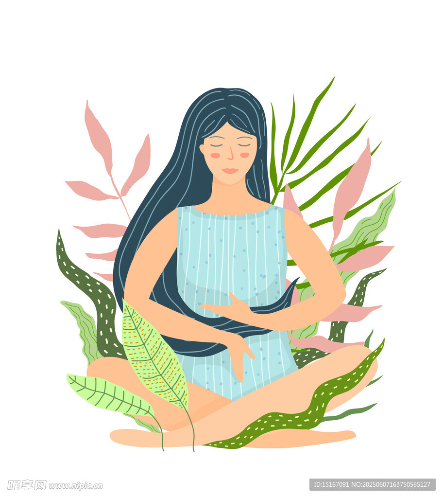 冥想的女子与绿植相伴
