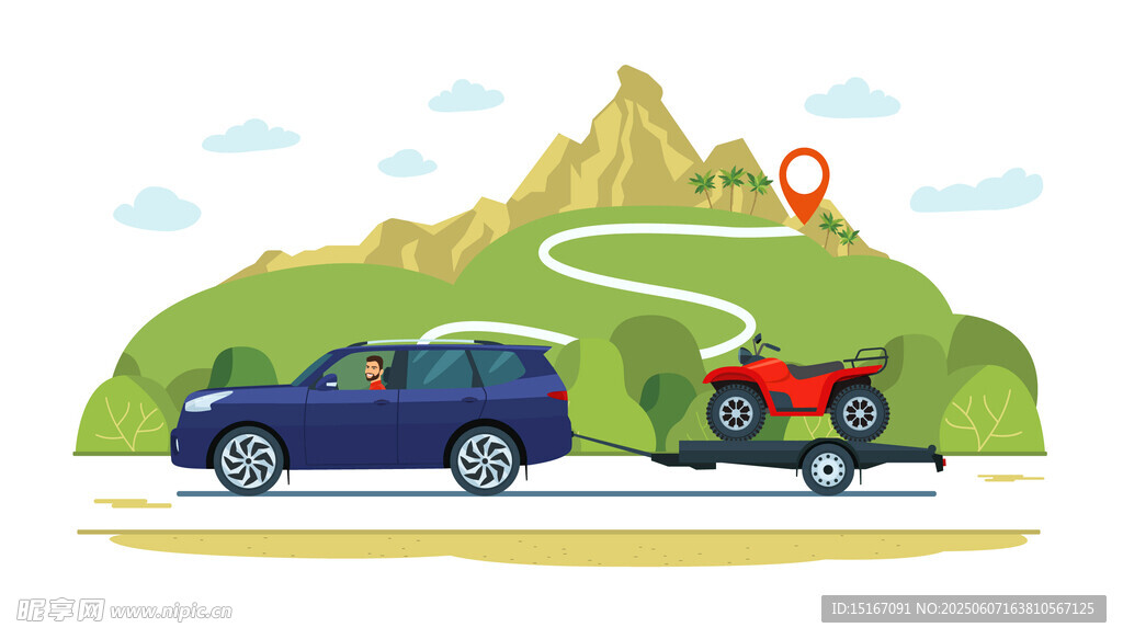 自驾旅行的蓝色汽车与拖车