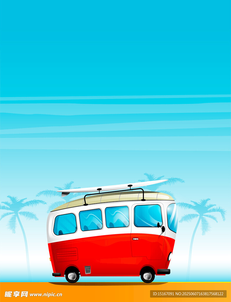 海滩边的复古红色露营车