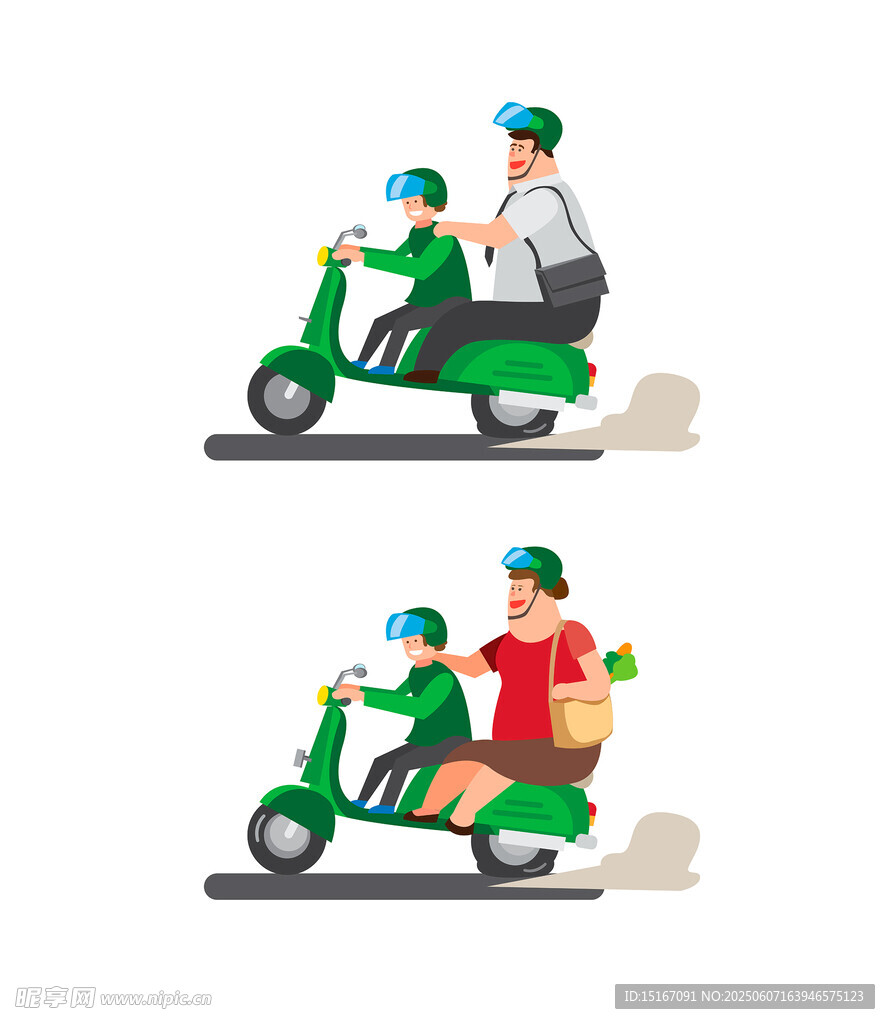 双人骑电动车场景插画