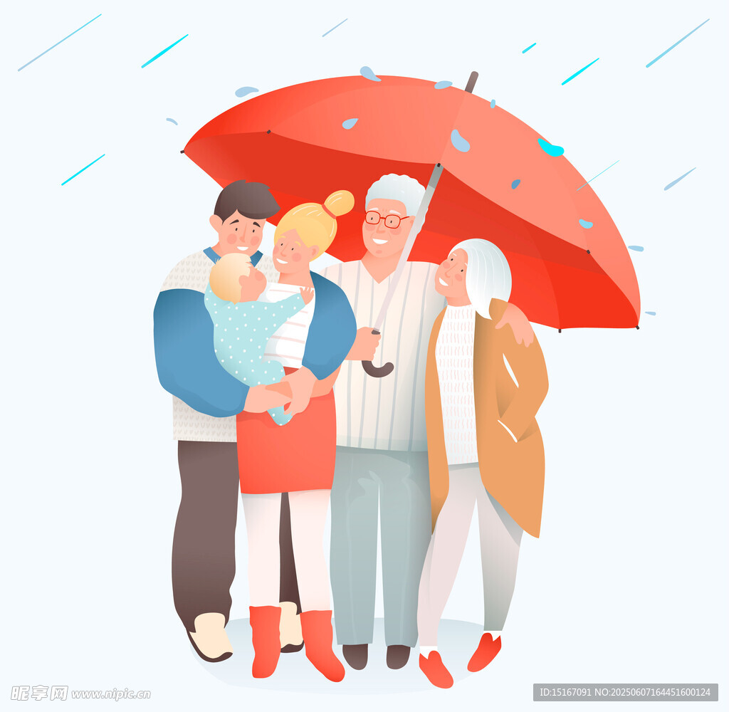 雨中家人撑伞温馨时刻
