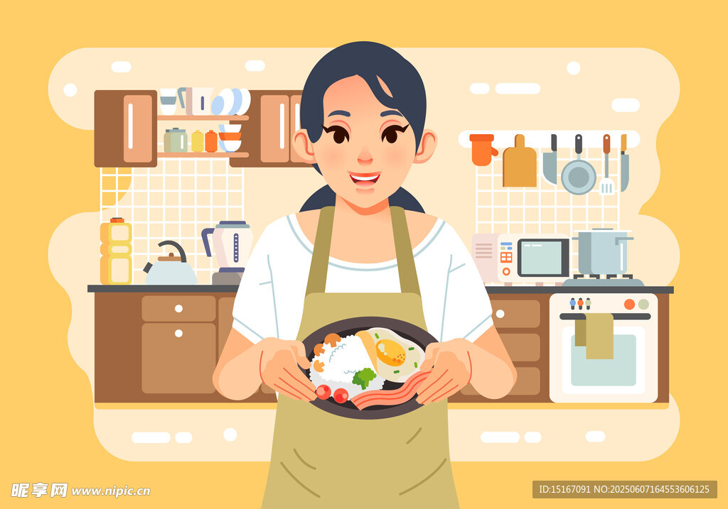 微笑女士厨房端美食