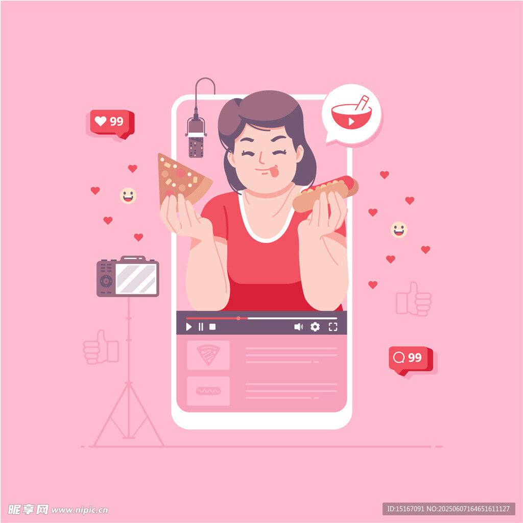 女孩手机直播美食时刻