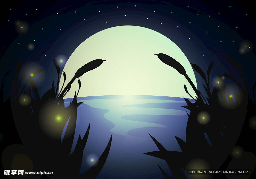 月夜湖畔萤火闪烁美景