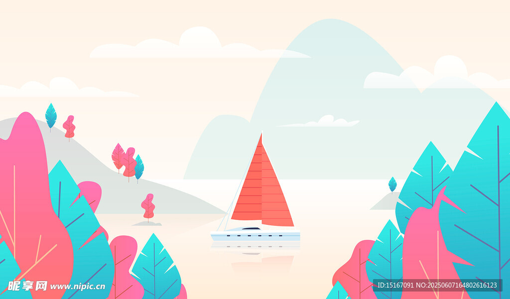 海上帆船穿行多彩山峦间