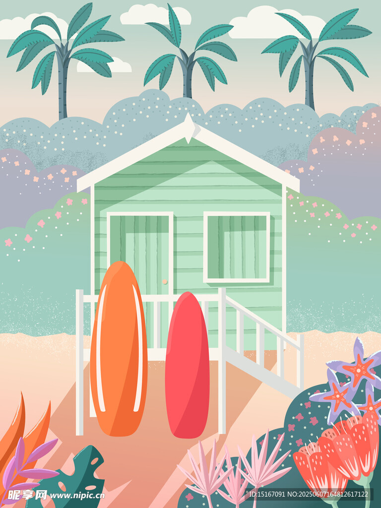 海滨小屋与冲浪板风景