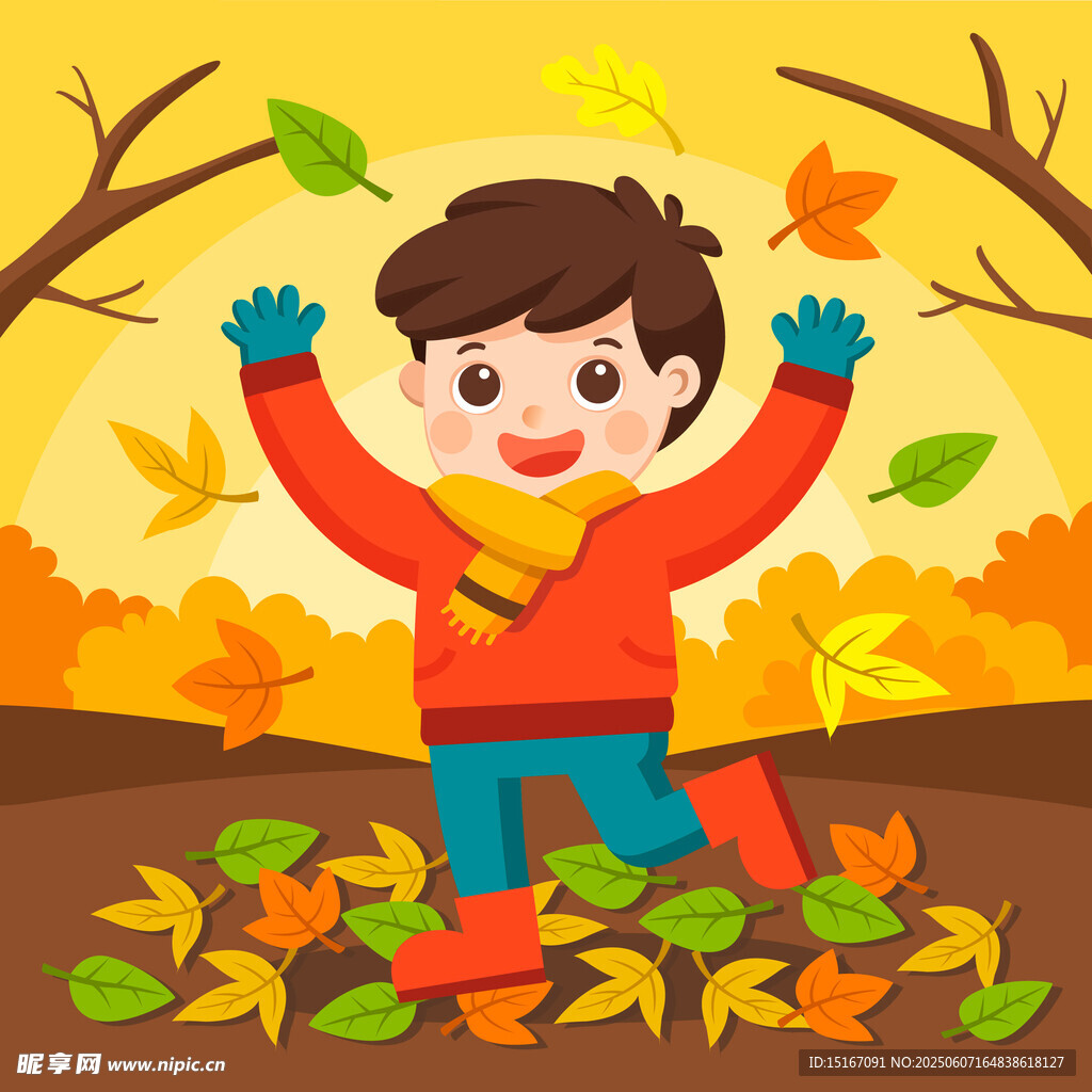 秋天枫叶与可爱小男孩卡通插画