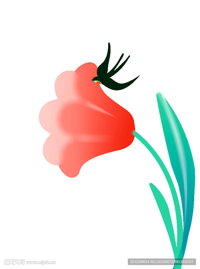 红色花朵上的黑色小鸟