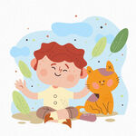 男孩与猫咪卡通插图