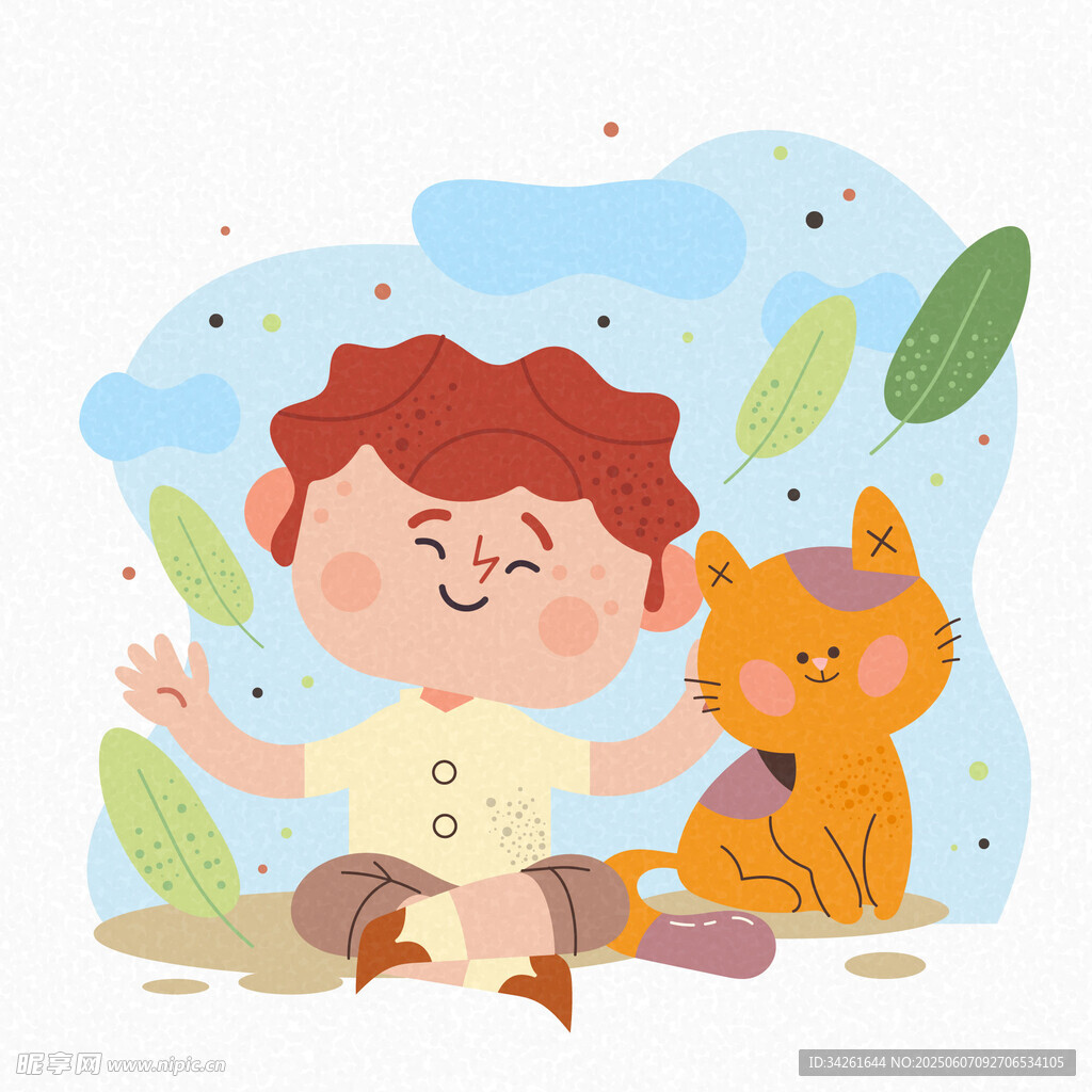男孩与猫咪卡通插图