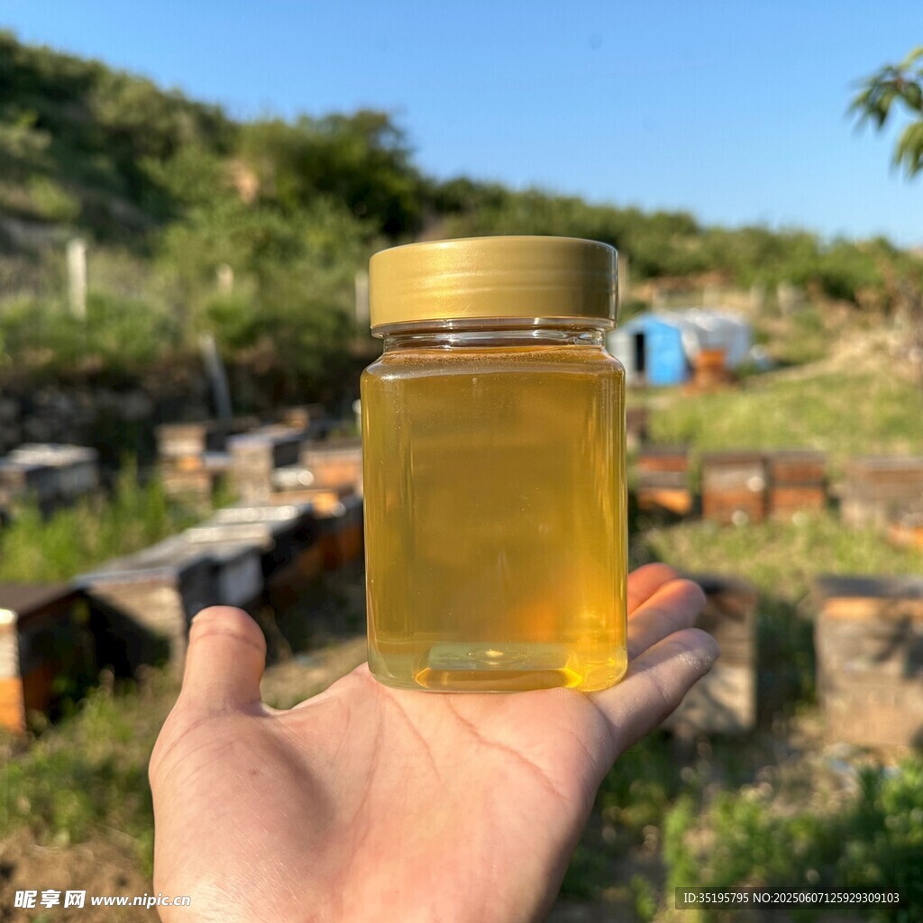 手捧蜂蜜罐 背景是蜂场