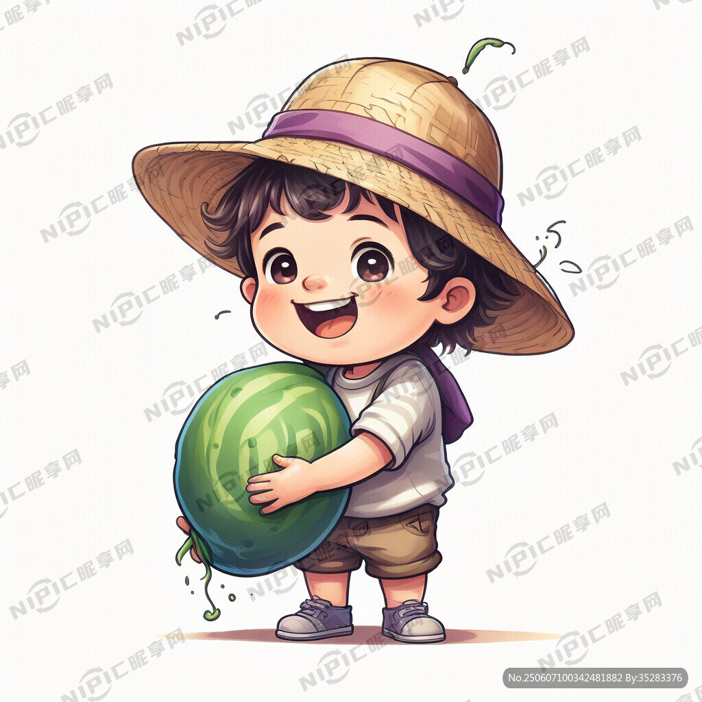 一个卡通小孩带草帽抱着紫薯背景