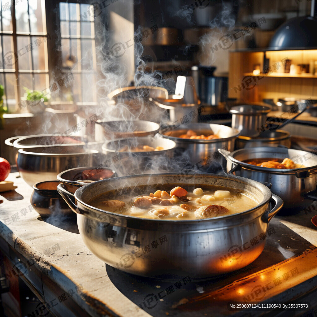 在厨房 一排排砂锅炖着鸡汤