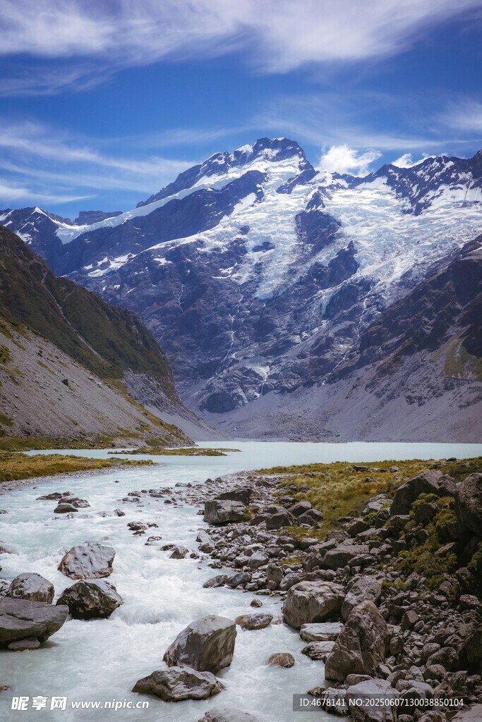 雪山下的湍急河流景观