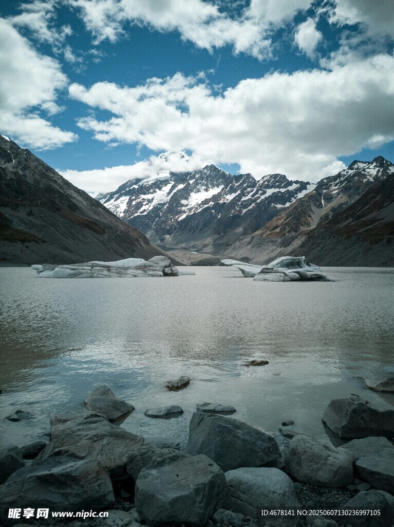 雪山下的宁静湖泊