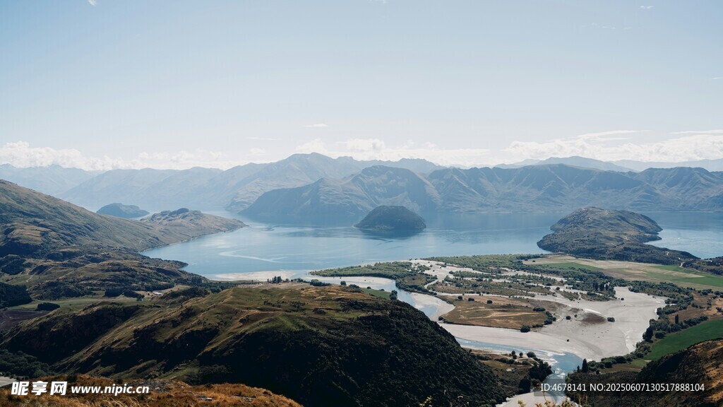 高山环绕的静谧湖泊景观