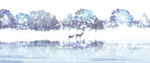 冬日湖畔麋鹿雪景图
