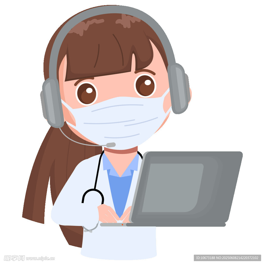 戴口罩的客服使用笔记本电脑
