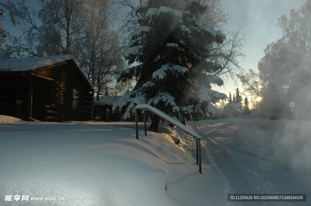 冬日雪景中的静谧小屋