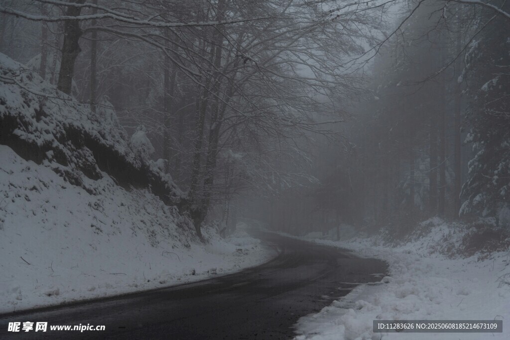 雪雾中的蜿蜒山路
