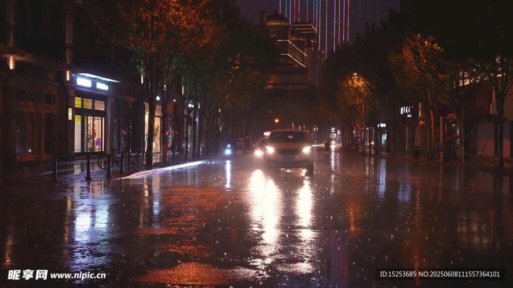 雨夜城市街道灯光倒影