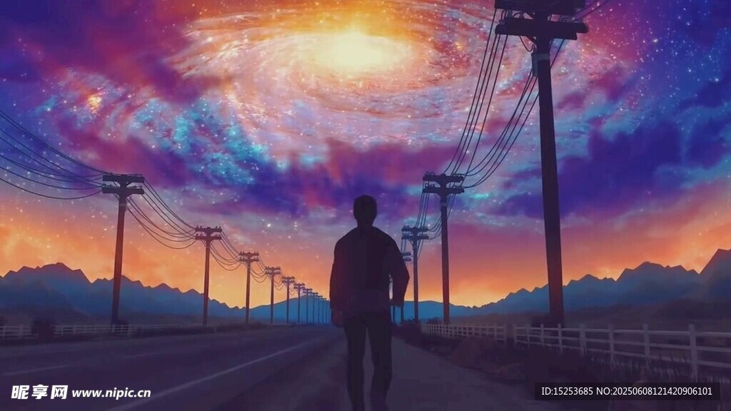 孤独旅人漫步黄昏之路