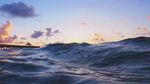 海上日落时的翻涌波浪