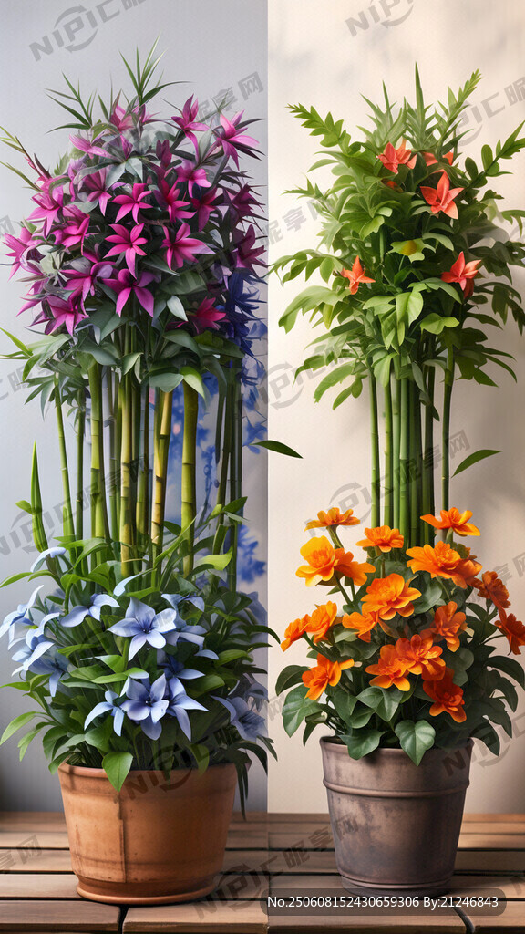 四种不同颜色的花搭配不同花盆的